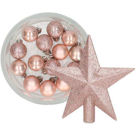 Decoris 14x stuks kerstballen 3 cm met ster piek lichtroze kunststof