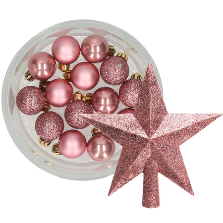 Decoris 14x pcs christmas baubles 3 cm incl. star topper old pink plastic