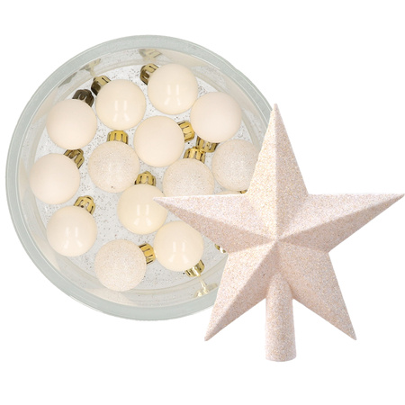 Decoris 14x stuks kerstballen 3 cm met ster piek wol wit kunststof