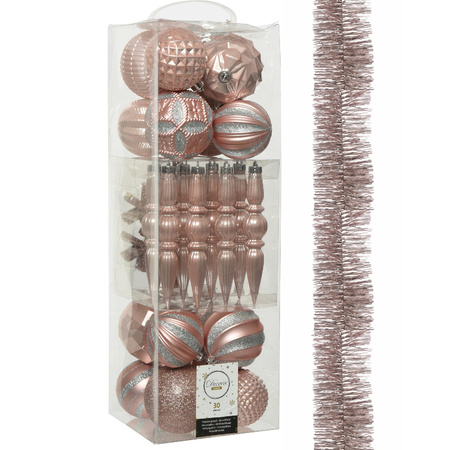 Decoris 30x stuks kunststof kerstballen en ornamenten met slinger lichtroze