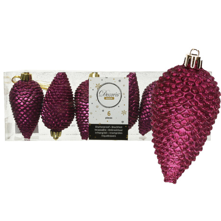 Decoris dennenappels kersthangers aubergine roze 8 cm kunststof