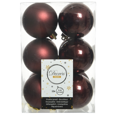 Decoris kerstballen - 12x stuks - mahonie bruin - kunststof - 6 cm