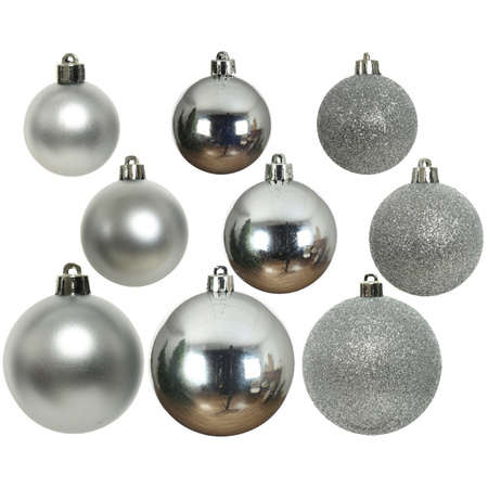 Pakket 32x stuks kunststof kerstballen en sterren ornamenten zilver