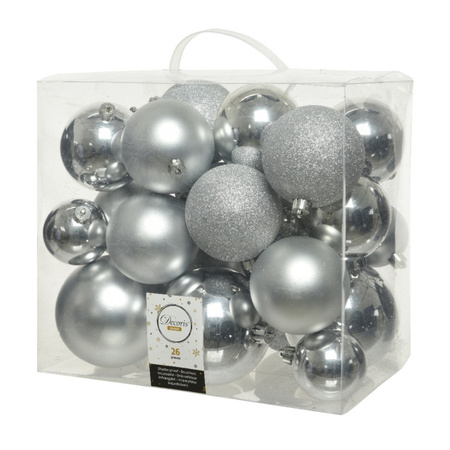 Decoris kerstballen - 26x st - zilver - 6, 8 en 10 cm - kunststof