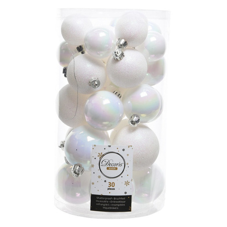 Decoris christmas baubles 36x pcs white pearl plastic 4-5-6-8 cm