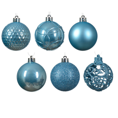 Christmas tree decoration - 37x pcs baubles 6 cm and star topper - ice blue - plastic