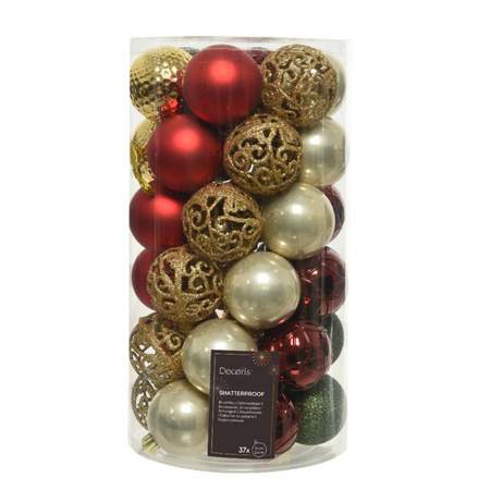 Decoris kerstballen - 37x - rood/groen/goud - 6 cm -kunststof