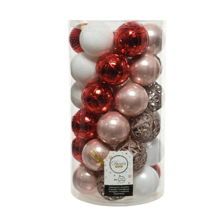 Decoris kerstballen - 37x st - lichtroze/rood/wit - 6 cm - kunststof