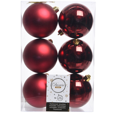 6x Kunststof kerstballen glanzend/mat donkerrood 8 cm kerstboom versiering/decoratie