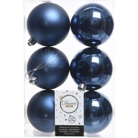 12x stuks kunststof kerstballen mix van donkerblauw en zwart 8 cm