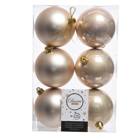 6x Kunststof kerstballen glanzend/mat licht parel/champagne 8 cm kerstboom versiering/decoratie