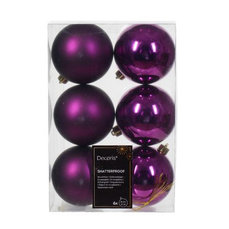 Decoris kerstballen - 6x - paars - 8 cm -kunststof