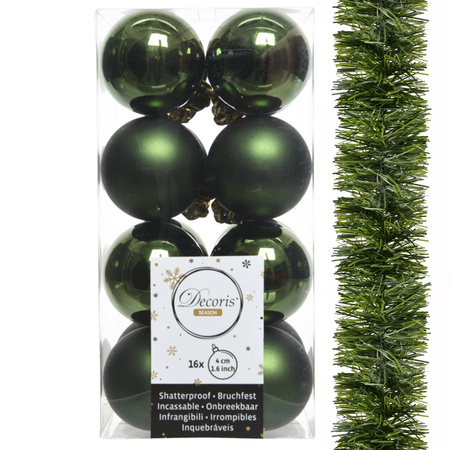 Decoris christmas baubles incl. garland 17x pcs dark green plastic
