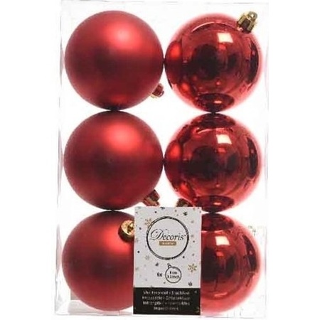 12x stuks kunststof kerstballen mix van rood en parelmoer wit 8 cm