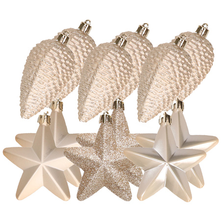 12x pcs plastic stars and pine cones christmas decoration champagne 7-8 cm