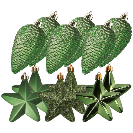 12x pcs plastic stars and pine cones christmas decoration dark green 7-8 cm