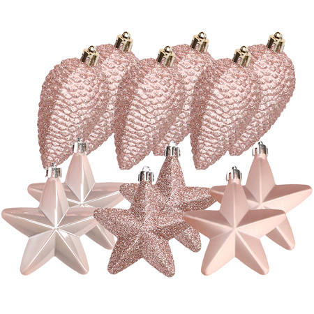 12x pcs plastic stars and pine cones christmas decoration light pink 7-8 cm