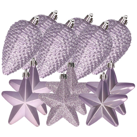 12x pcs plastic stars and pine cones christmas decoration lilac 7-8 cm