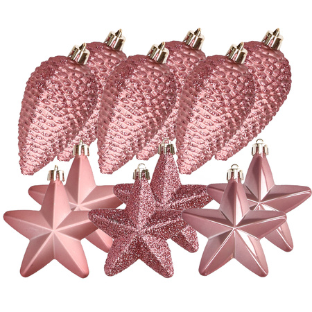 Dennenappels en sterren kerstornamenten - 12 stuks - kunststof - oudroze