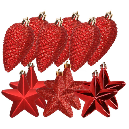 12x pcs plastic stars and pine cones christmas decoration red 7-8 cm
