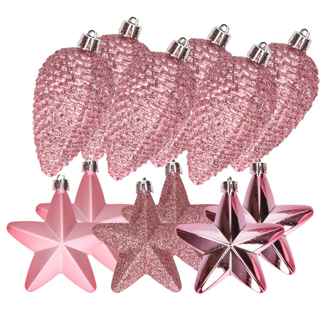 Dennenappels en sterren kerstornamenten - 12 stuks - kunststof - roze