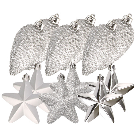12x pcs plastic stars and pine cones christmas decoration silver 7-8 cm