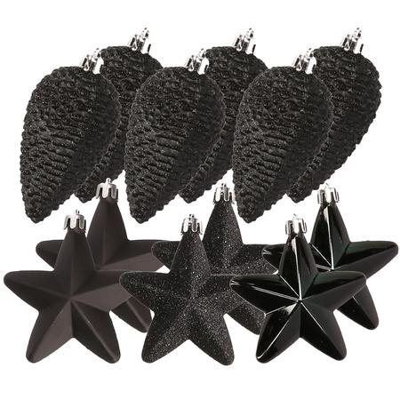 12x pcs plastic stars and pine cones christmas decoration black 7-8 cm