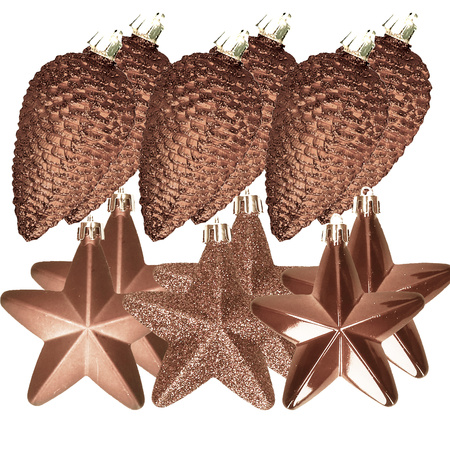 12x pcs plastic stars and pine cones christmas decoration brown 7-8 cm