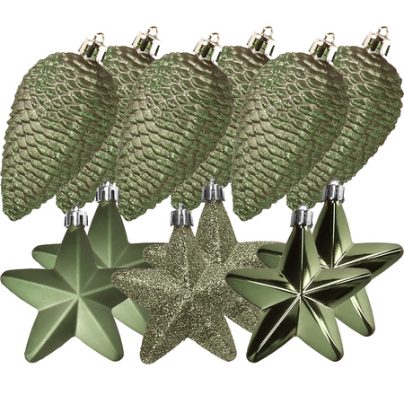 Dennenappels en sterren kerstornamenten - 12x stuks - kunststof - mosgroen