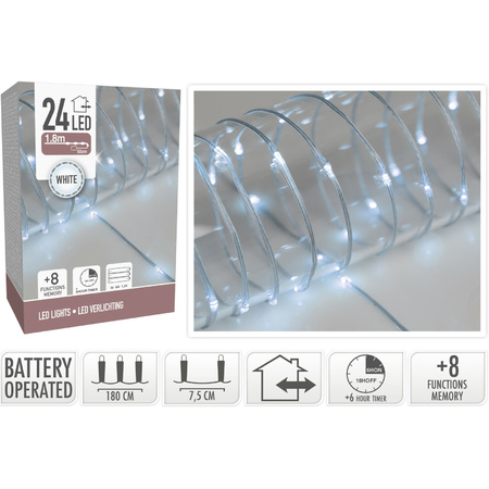 Draadverlichting lichtsnoer met 24 lampjes helder wit op batterij 180 cm
