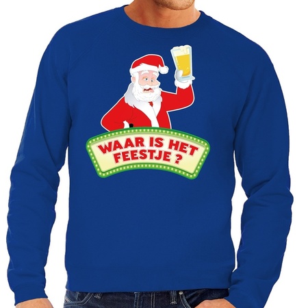 Foute kerst sweater blauw dronken Kerstman met bier heren