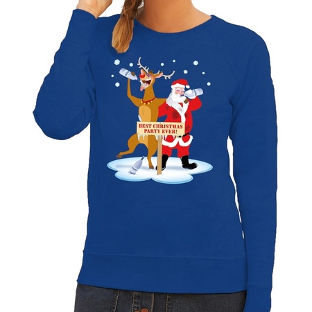 Foute kersttrui blauw met een dronken kerstman en Rudolf voor dames
