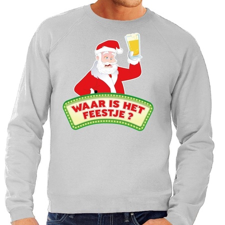 Foute kerst sweater grijs dronken Kerstman met bier heren