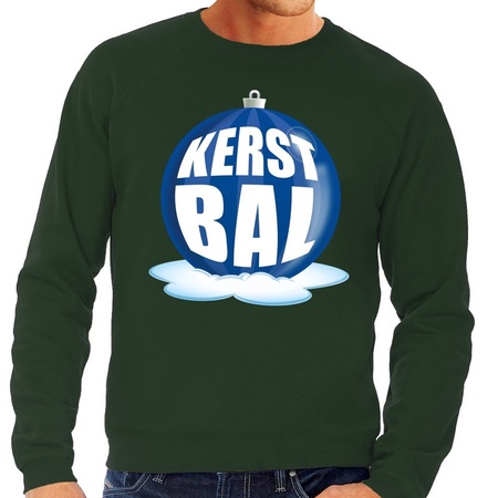 Foute feest kerst sweater met blauwe kerstbal op groene sweater voor heren
