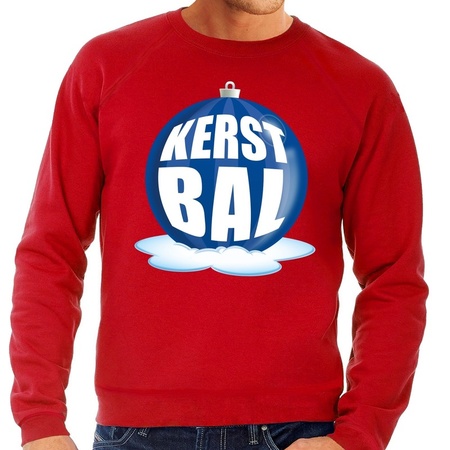 Foute feest kerst sweater met blauwe kerstbal op rode sweater voor heren
