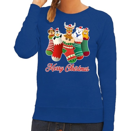 Foute kerstborrel trui blauw kerstsokken met diertjes voor dames