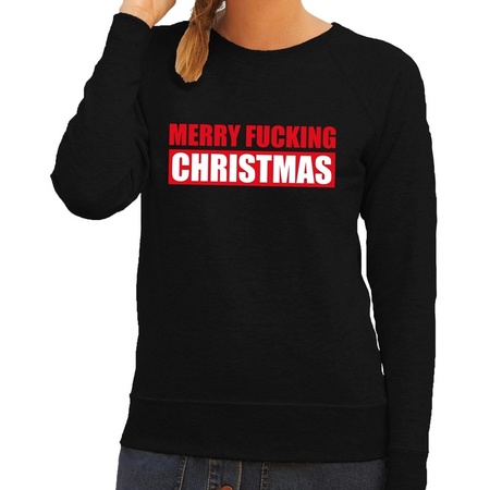 Foute kerstborrel trui zwart Merry Fucking Christmas dames