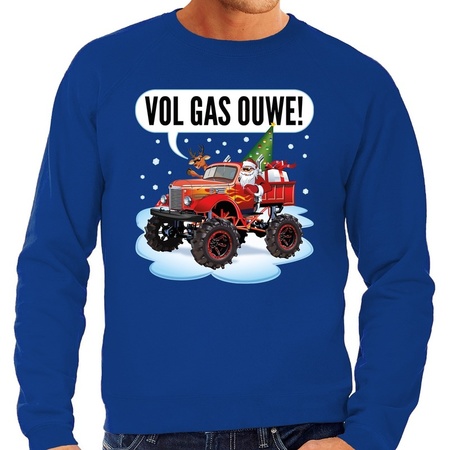 Foute kerstborrel trui / kersttrui vol ga ouwe / santa op monstertruck / truck blauw voor heren