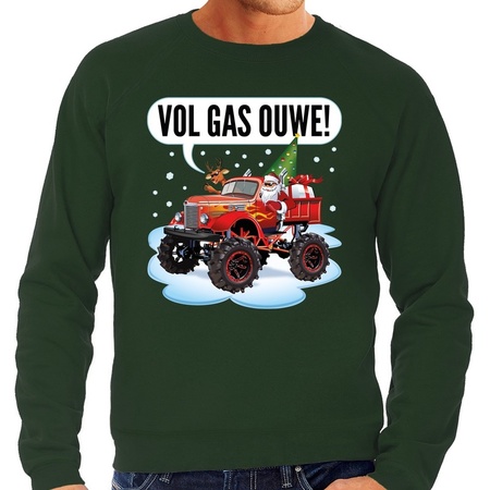Foute kerstborrel trui / kersttrui vol ga ouwe / santa op monstertruck / truck groen voor heren