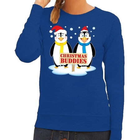 Foute kersttrui blauw met 2 pinguins voor dames