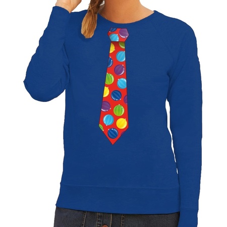 Foute kerst sweater met kerstballen stropdas blauw voor dames