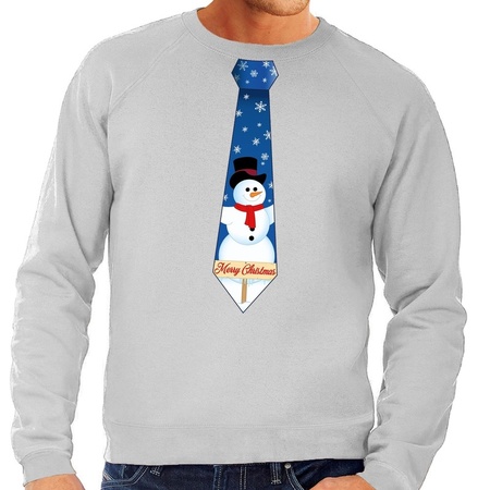 Foute kerst sweater met sneeuwpop stropdas grijs voor heren