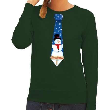 Foute kerst sweater met sneeuwpop stropdas groen voor dames