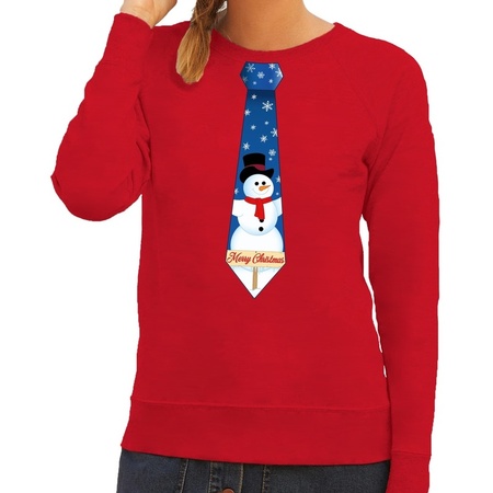 Foute kerst sweater met sneeuwpop stropdas rood voor dames
