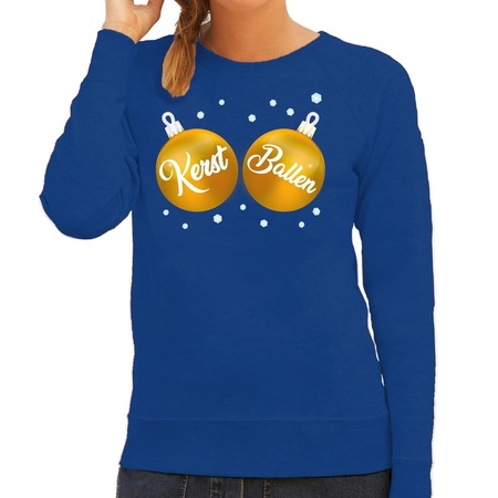 Blauwe kersttrui / kerstkleding met gouden Kerst Ballen voor dames