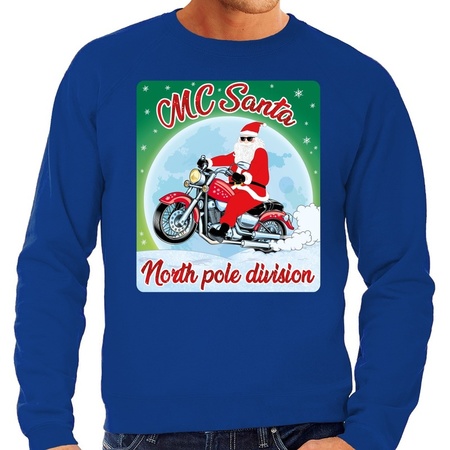 Foute kerstborrel trui / kersttrui MC Santa voor motorrijders blauw voor heren