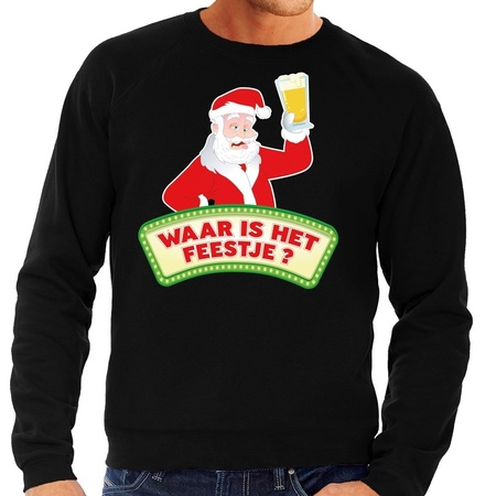 Foute kerst sweater zwart dronken Kerstman met bier heren