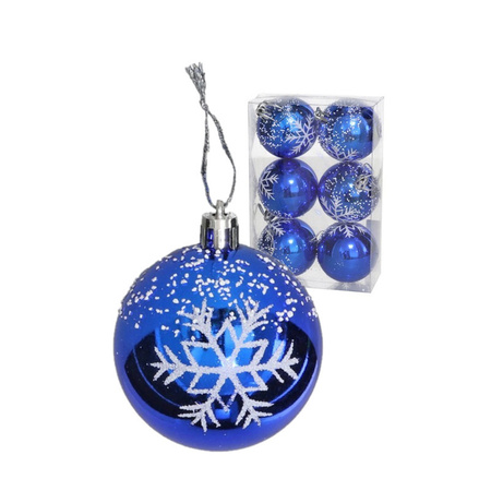 Decorated christmas baubles 6x pcs plastic blue 6 cm
