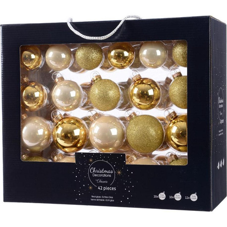 Glazen kerstballen mix goud/champagne 42 delig glimmend en glitter