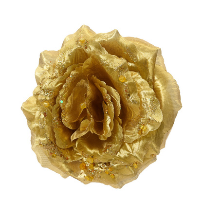 Gouden glitter roos op clip 14 cm
